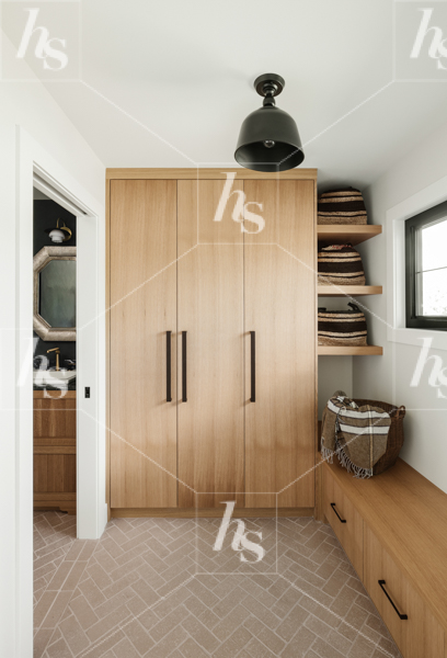 A wardrobe with shelves on the side. Download stock photos for interior designers.