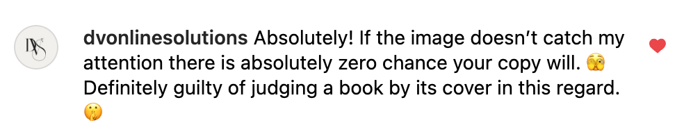 Screenshot from an instagram comment about why the right imagery is important for your brand that says: absolutely! If the image doesn't catch my attention there's absolutely zero chance your copy will. Definitely guilty of judging a book by its cover in this regard.