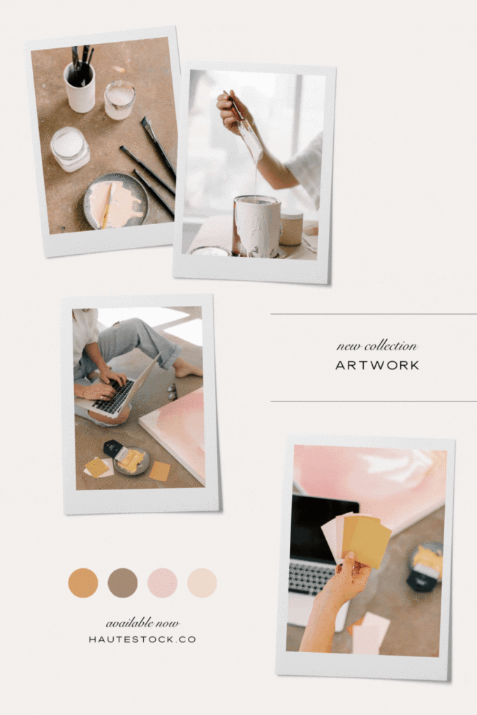Mood board for Artwork collection, featuring stock imagery of paint, brushes and art studio in pink and brown color palette. These stock photos are perfect for creative artists and designers. Download this collection from Haute Stock.