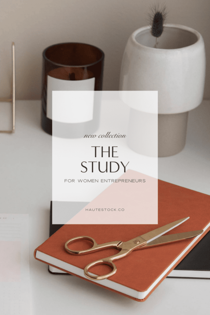 The Study collection features interior and workspace stock images for solopreneurs in burnt orange and navy colors.
Available now at Haute Stock!