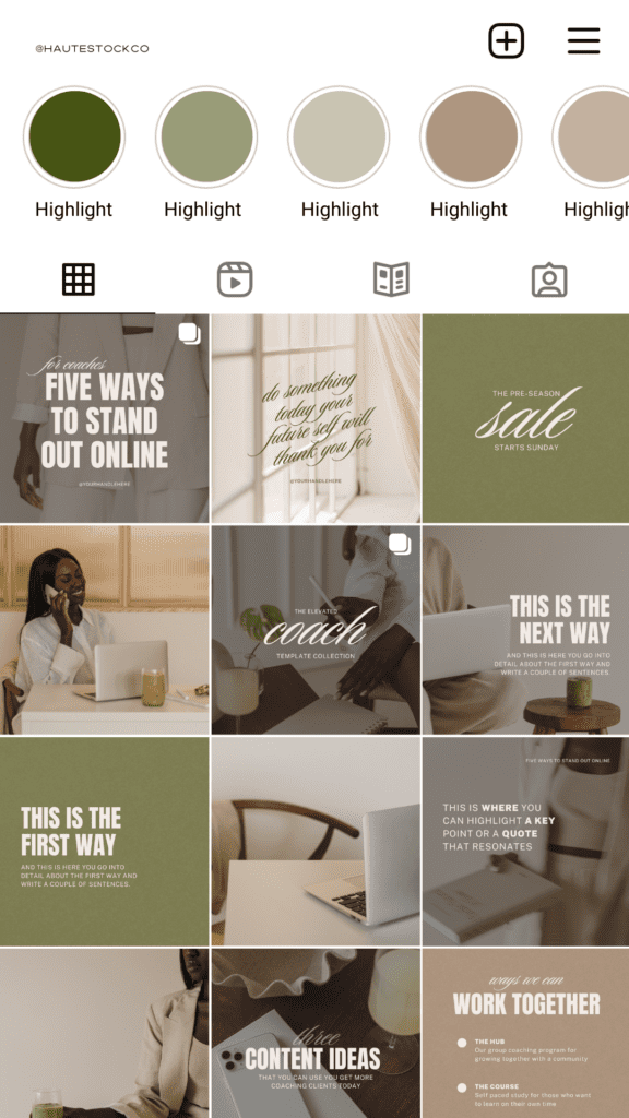 instagram feed featuring an earthy green and neutral color palette.