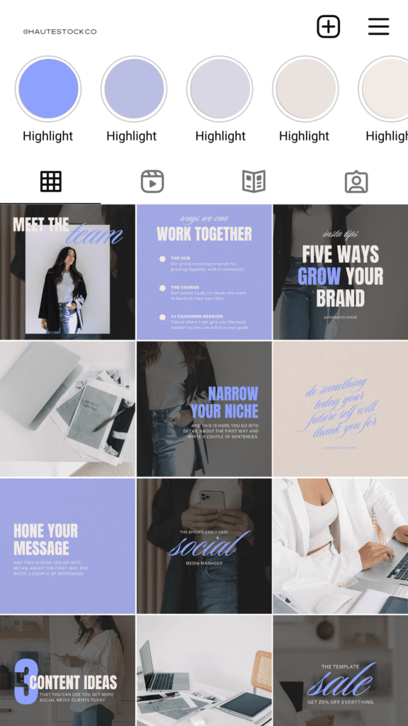 instagram feed featuring a modern blue and neutral color palette.