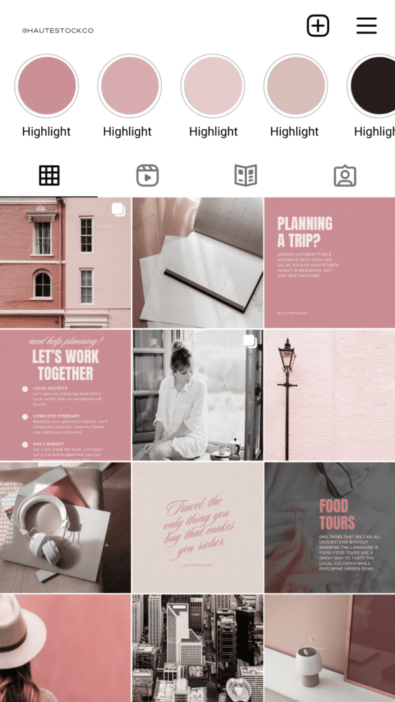 instagram feed featuring a bold pink color palette.