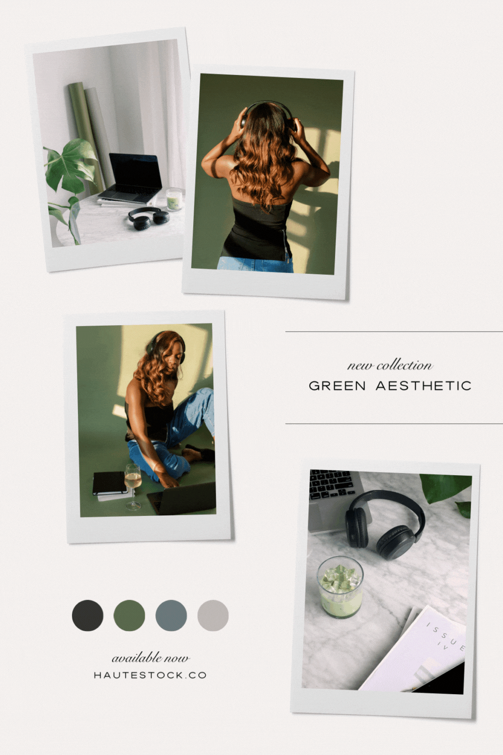 Mood board for Green Aesthetic, Haute Stock' new collection, featuring moody, green stock photos and videos of workspace and podcast setting. 