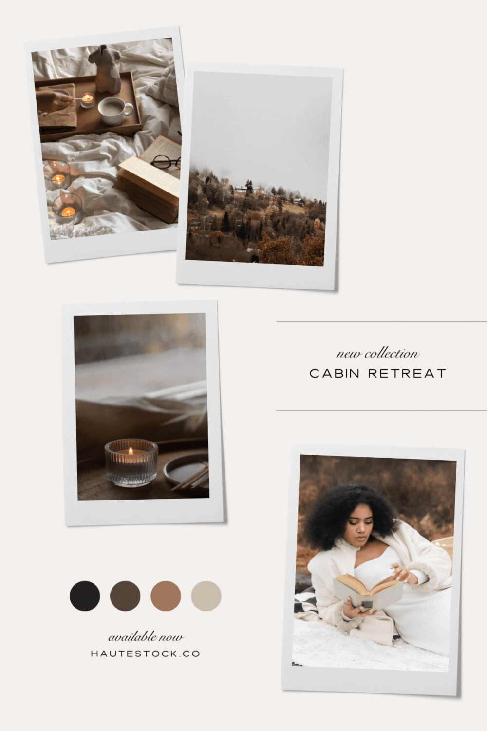 Mood Board for Cabin retreat, a moody fall aesthetic collection of warm and cozy photos and videos in  neutral colors with rustic and vintage feel.