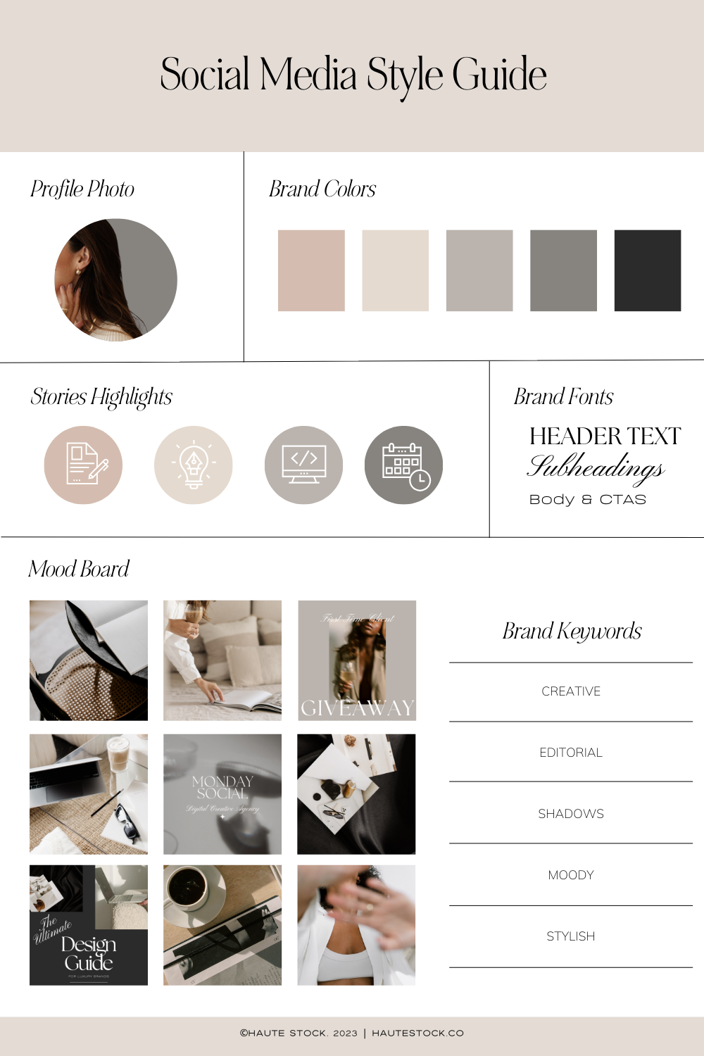 Style guide image featuring a brand's cohesive colors, fonts, and images.