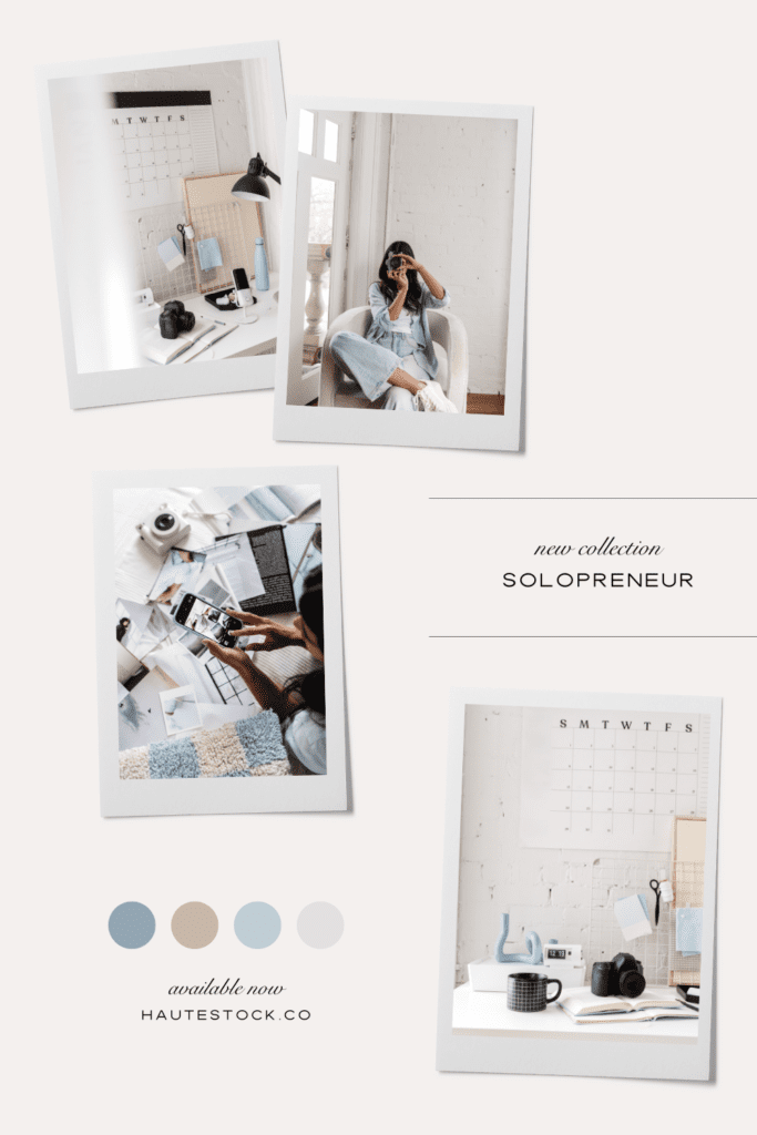 Mood board for Solopreneur, a modern blue workspace collection of stock photos and videos for designers and creatives.