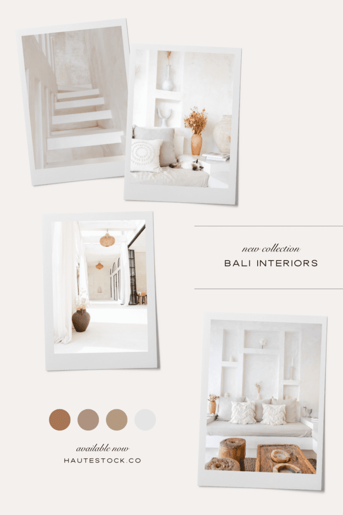 Moodboard for Bali Interiors, featuring earthy Bali architecture stock imagery that are airy grounded and soothing perfect for creating  stunning social media graphics.