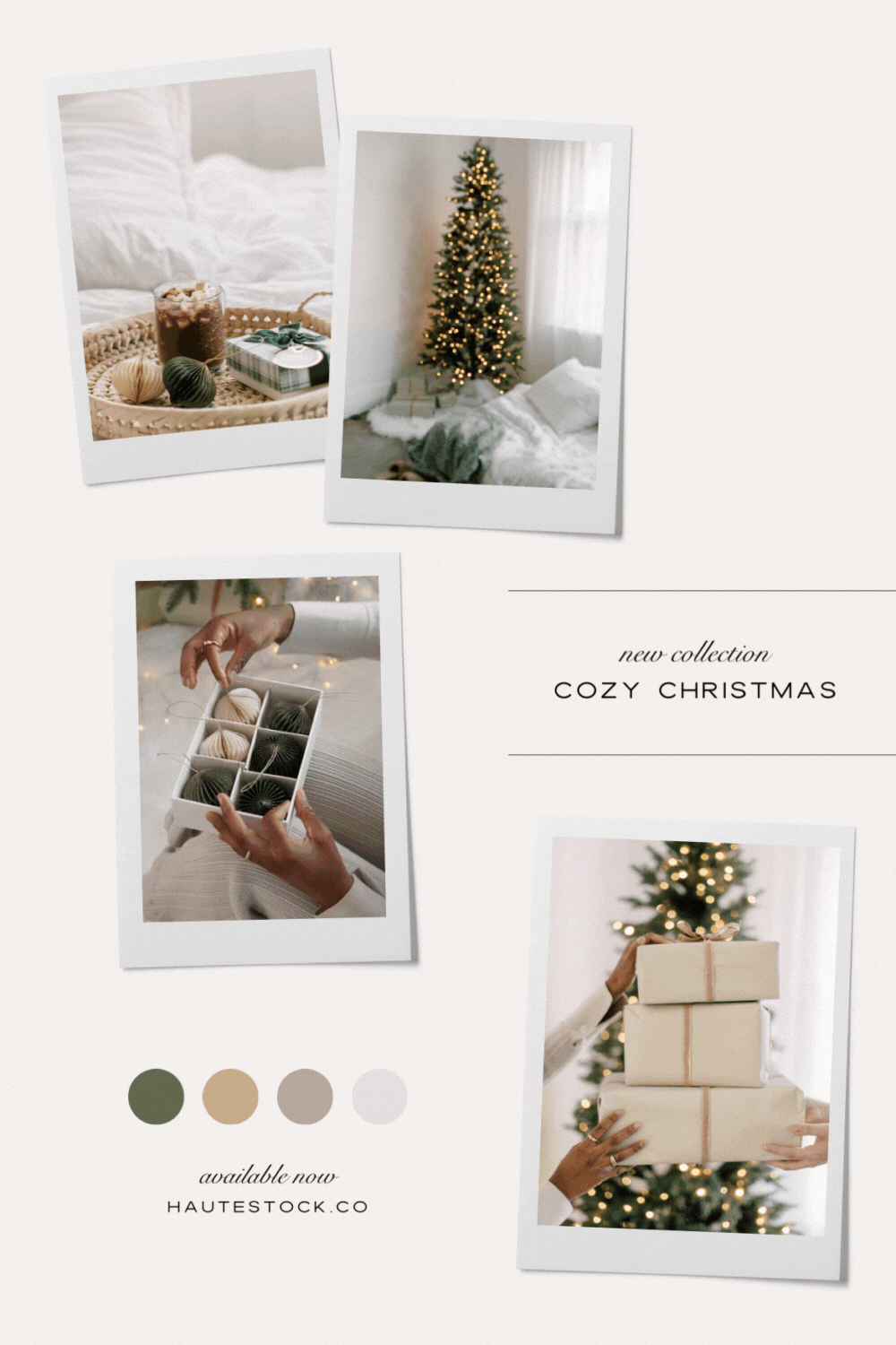 Cozy Christmas mood board, featuring soft and warm holiday stock photos and videos in green and neutrals color palette.