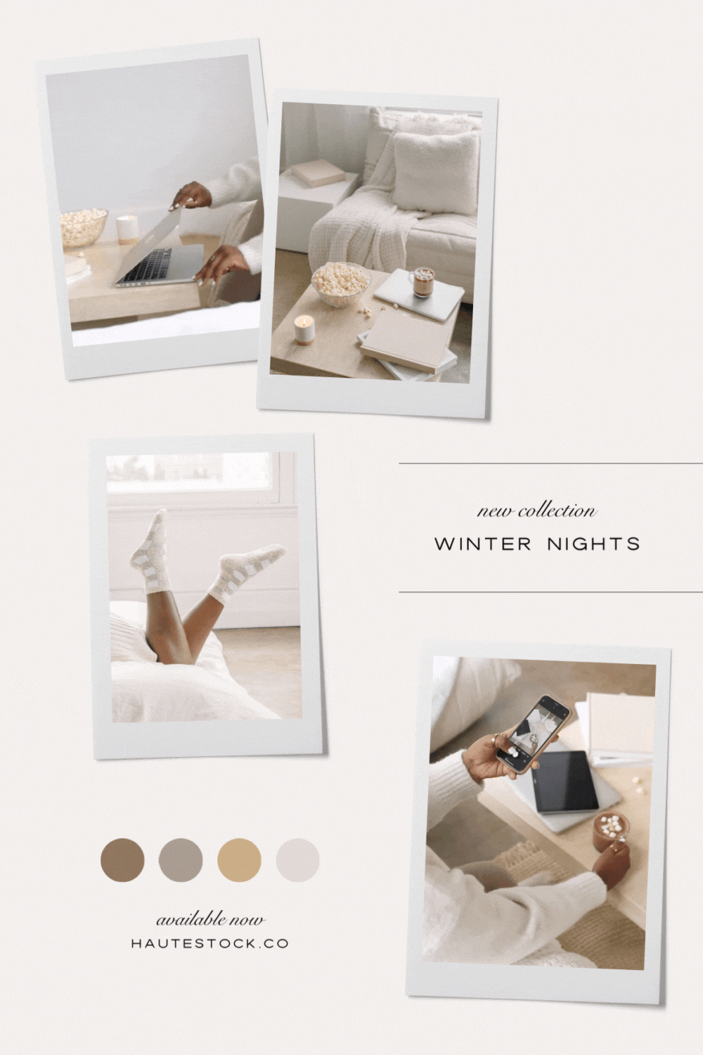 Moodboard for Winter Nights, a cozy winter themed workspace stock photos & videos collection in neutral color palette.