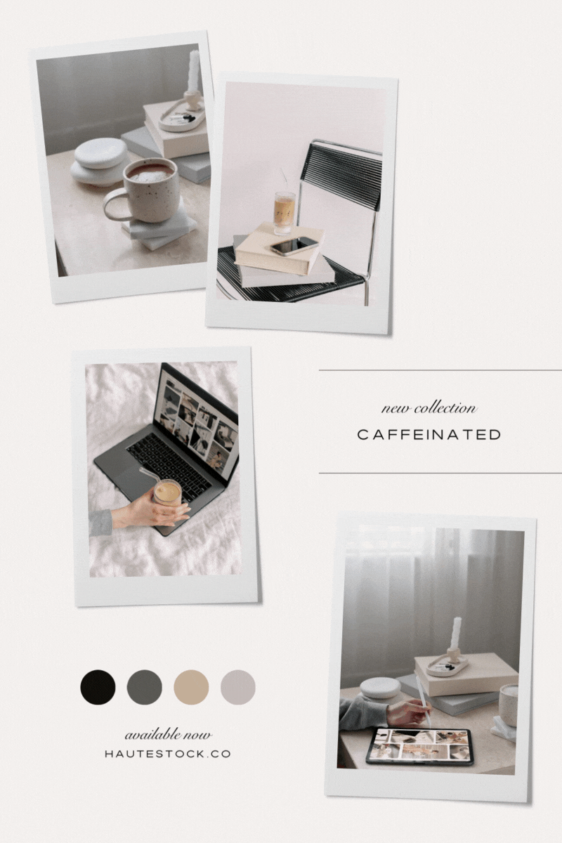 Moodboard for Caffeinated, a cool workspace stock photos and videos collection for creative entrepreneurs. This collection features white & grey neutral laid-back styled workspace. 
