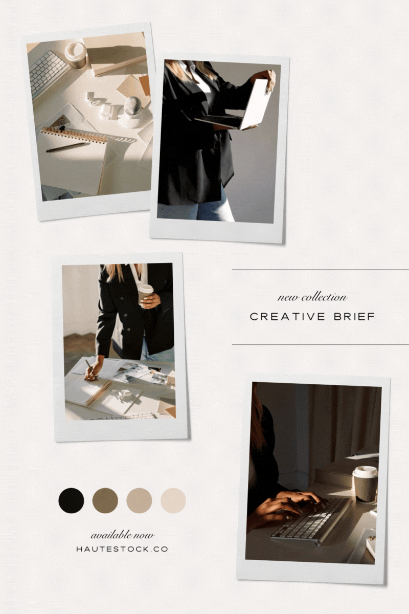 Mood Board for Creative Brief collection, features images and videos in moody and neutral colors that show off confidence, creativity and strategy perfect for marketers and brand strategists.