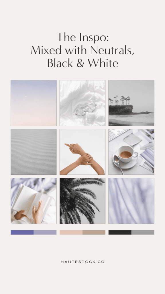 Pantone's Very Peri inspired stock images from Haute Stock mixed with Neutrals, black & white images to give stunning visuals for your brand!