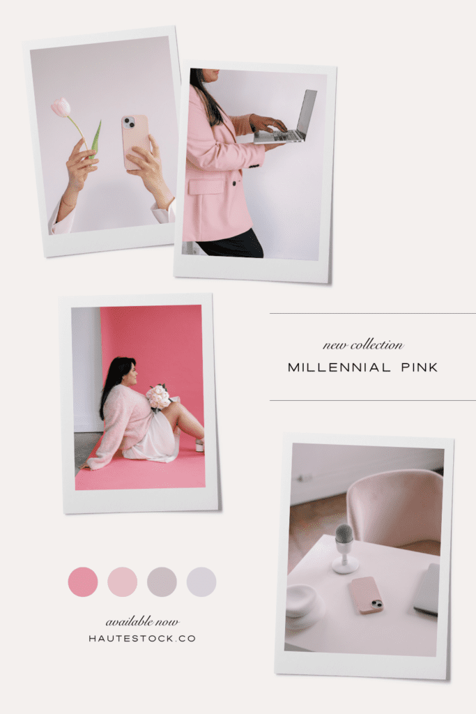 Mood board for Millennial Pink new feminine workspace stock videos & photos collection featuring casual workspaces, woman typing, pouring and stirring of drinks, fresh florals and tech in pastel pink color.