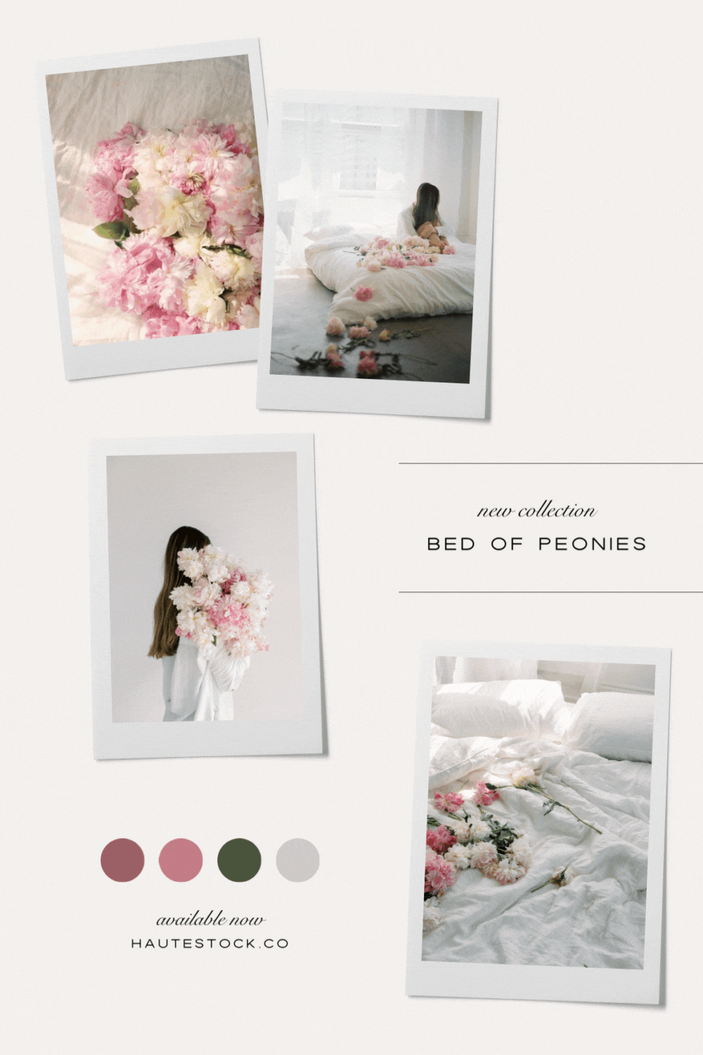 Mood board for Bed of Peonies, a heavenly compilation of light and airy stock images – a dream come true for whimsical and romantic brands.