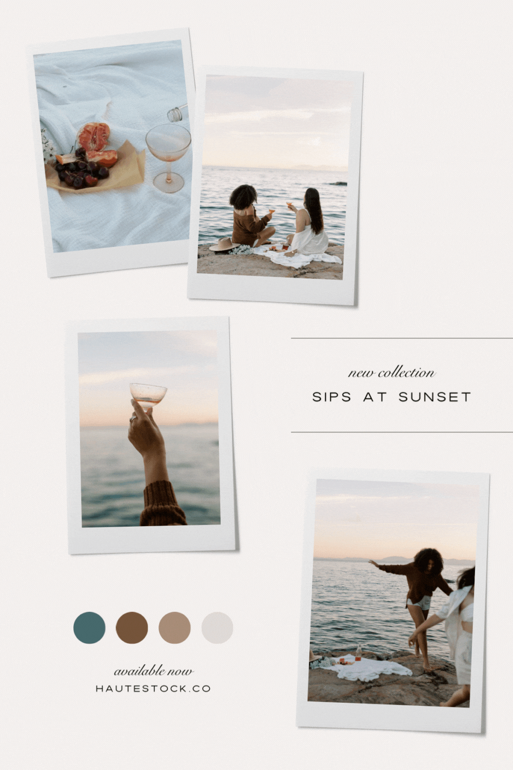 Mood board for Sips at Sunset, a playful and fun stock photos and videos collection featuring images of friends having a rejuvenating evening at beach, sipping wine and having fun.