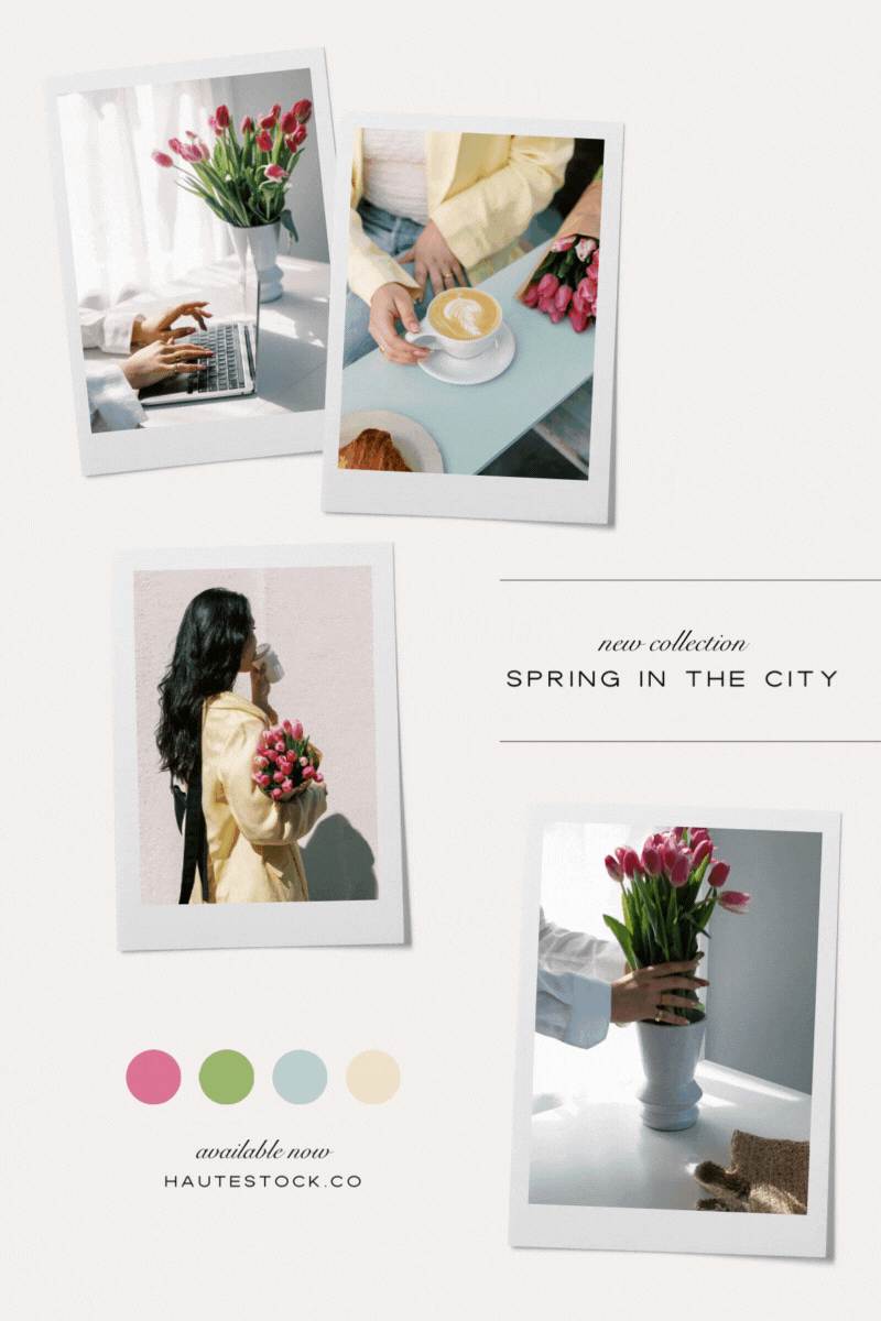  Mood board for Spring in the City's stock videos & photos collection that features fresh blooms, lattes and urban living in vibrant colors of pink, blue and green. 