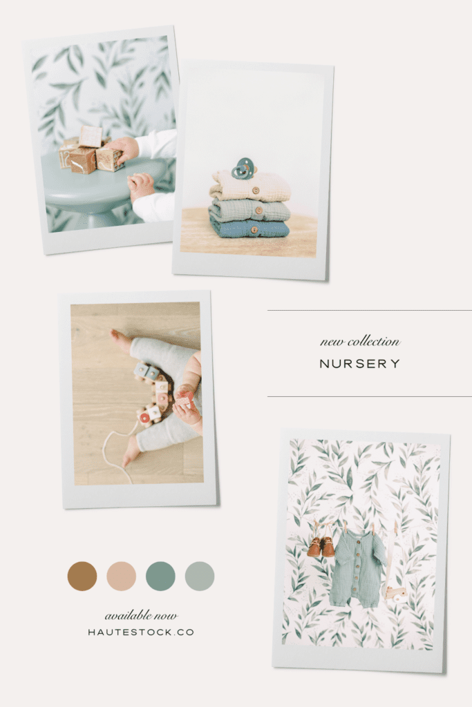 Mood Board for  Nursery, Haute Stock's new baby stock phots collection, featuring baby playing with wooden toys, vintage baby clothing and pacifiers in green, blue and neutral color hues.