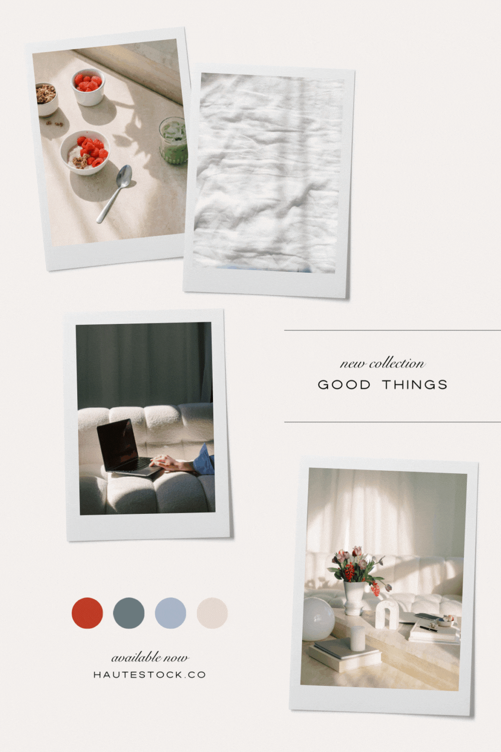 Mood Board for Good Things collection of stunning every day stock photos and videos that are inspirational to your audience, in neutrals and vibrant pops of blue and purple tones.