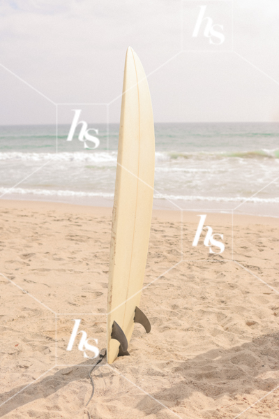 Surf board propped up in the sand, part of Beach Babe collection, costal stock photos & videos perfect for summer travel enthusiasts.