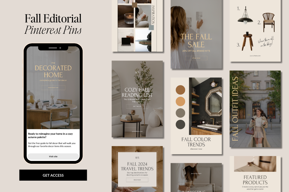 Examples of fall editorial Pinterest Pins. Boost your Pinterest visibility this fall by creating themed boards using relevant keywords and clear descriptions to help engage users.