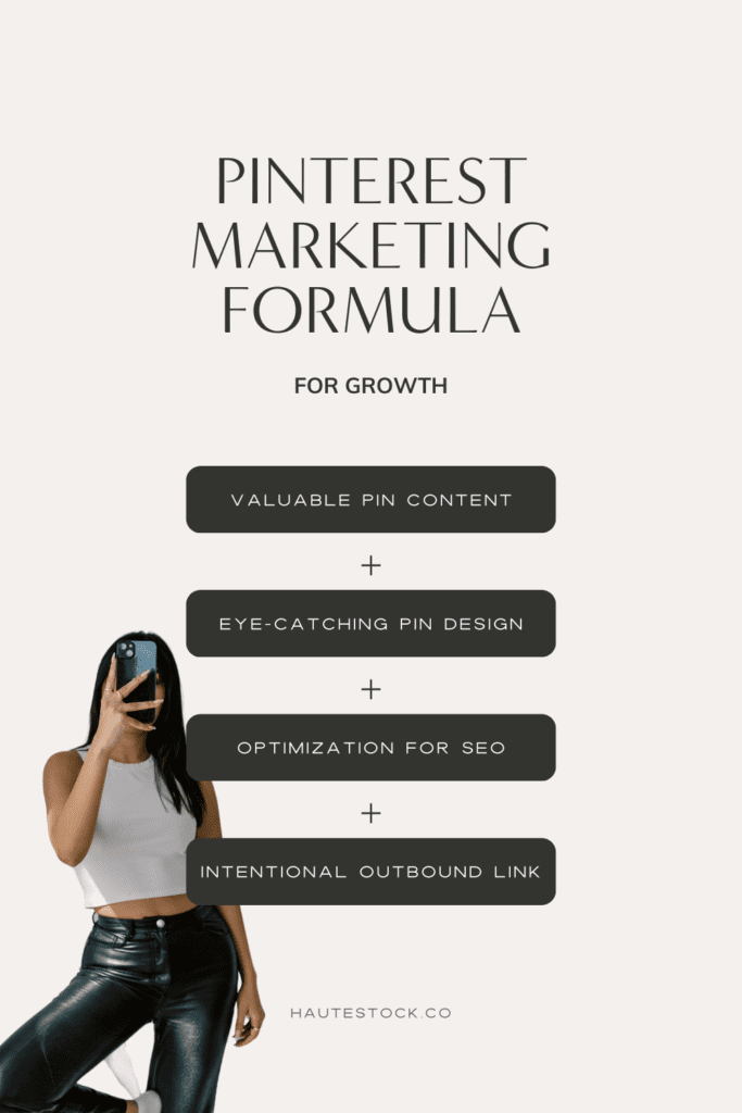 Pinterest Marketing strategy to help your business grow: Valuable Pin Content + Eye-catching Pin Design + Optimization for SEO + Intentional Outbound Link.