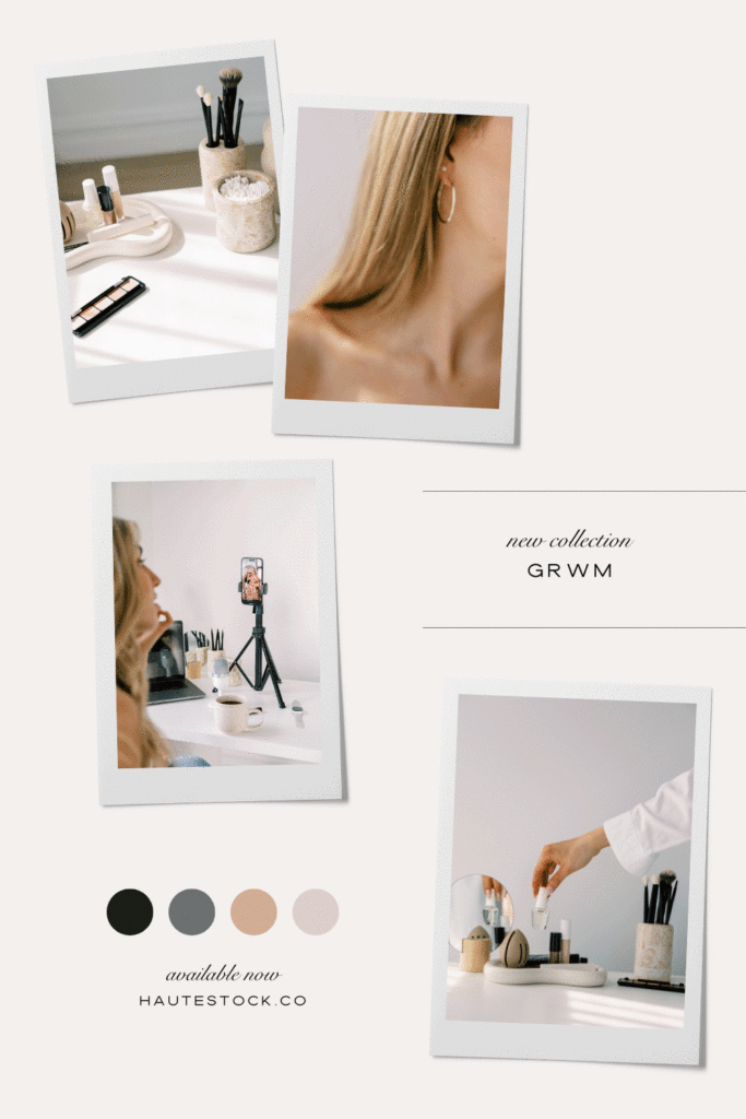 Mood board showcasing the GRWM beauty collection, featuring makeup products, self-care essentials, and makeup tutorials for salon owners, estheticians, and content creators.