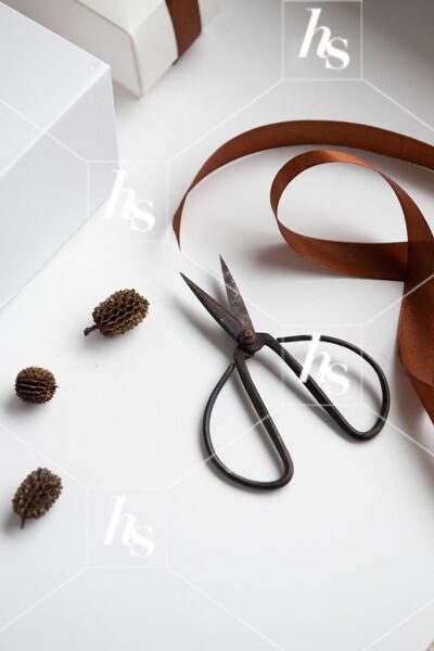 Burnt orange ribbon, pinecones, rustic scissors, and presents. part of Gingerbread cozy holiday stock images collection by Haute Stock