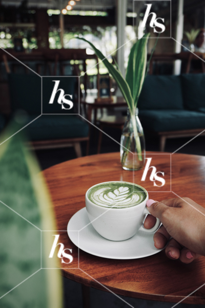 A woman drink a cup of matcha tea, this image is part of Mist collection: self-care and travel imagery.