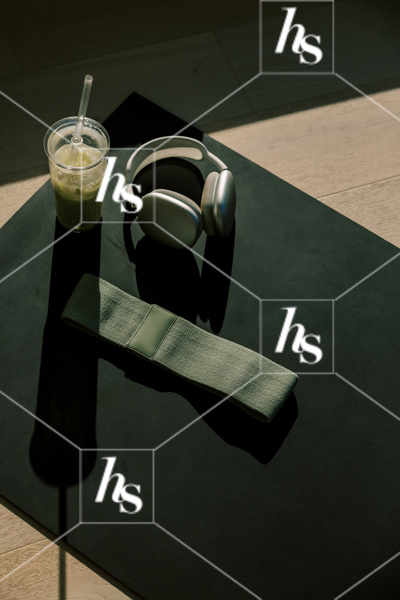 Yoga mat, matcha drink and stretching band st on floor for morning movement routine, part of soft mornings: movement and meditation stock images