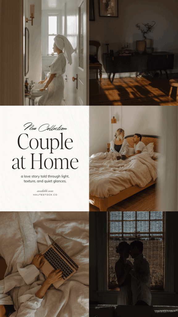 Couple At Home moodboard featuring authentic couple lifestyle images from Haute Stock. Perfect for creating cozy, emotional, and human-centered brand content.