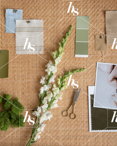 atlay of mood board in progress: swatches, scissors, and other inspo pieces, part of Anthology collection of interior-inspired stock photos for creative studios, designers, and lifestyle brands.