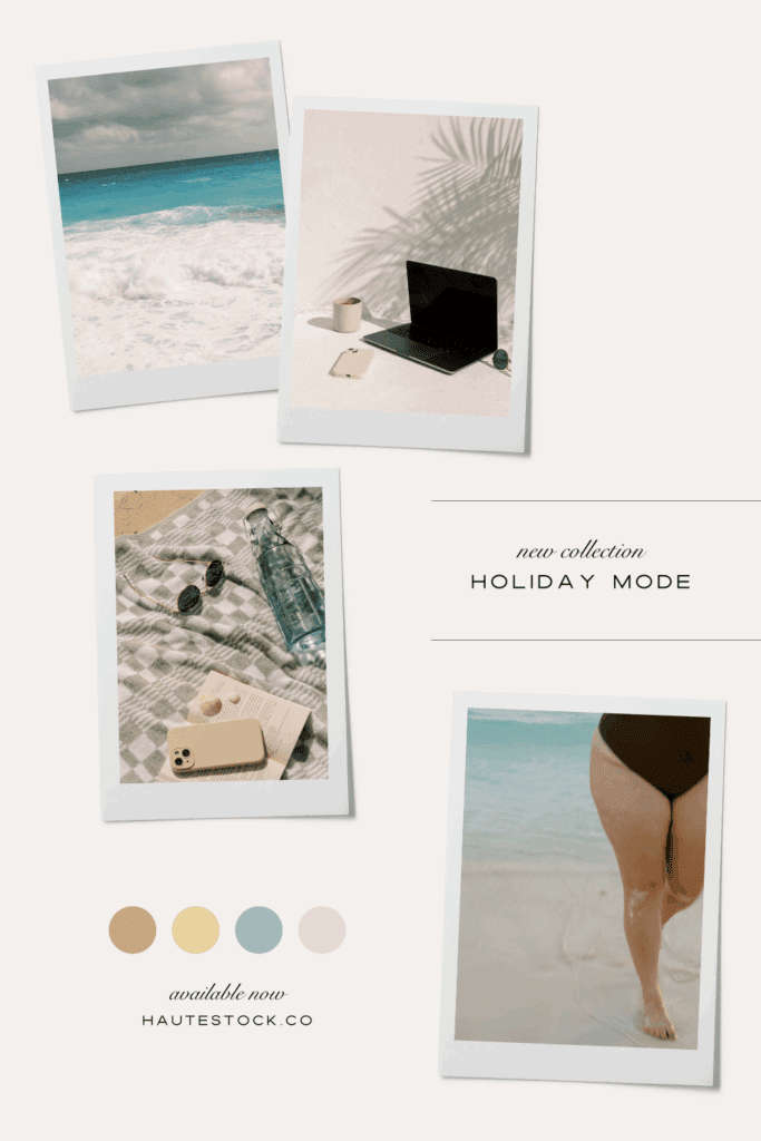 Get inspired by this Holiday Mode moodboard, designed for the work from anywhere aesthetic. Coastal colors, calm vibes, and creative energy come together to help you visualize your dream summer brand. Perfect for content creators, coaches, and modern entrepreneurs who want a laid -back but luxe look.