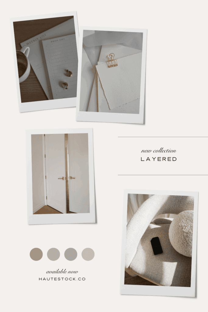 The Layered Collection by Haute Stock blends minimal interiors, paper mockups, and soft textures for a refined, editorial vibe. Perfect for branding, client presentations, and creative planning!
