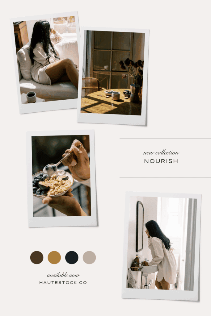 A soothing mood board from Haute Stock’s Nourish collection. Perfect for wellness brands, mindset coaches, and self-care bloggers. These calm, cozy visuals support healing and intentional content creation.