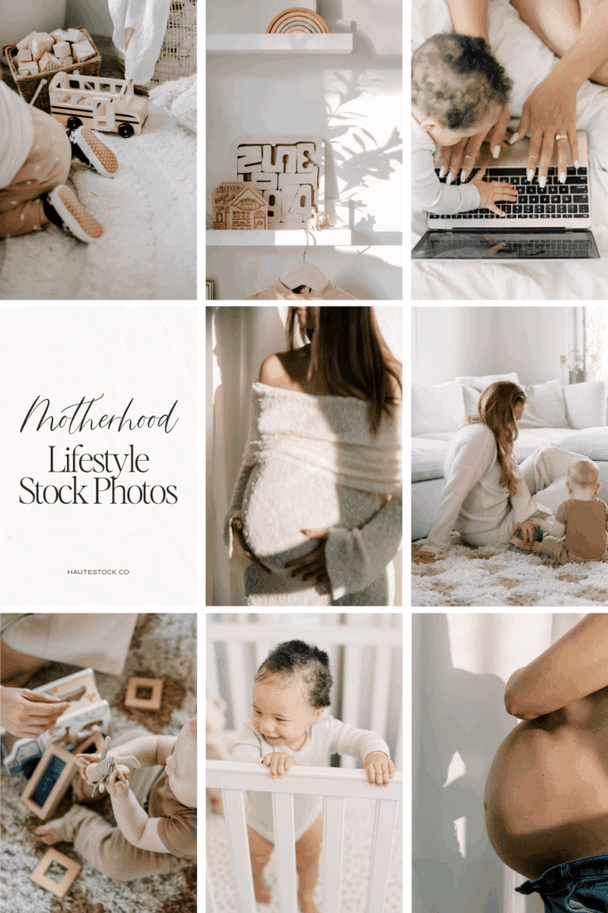 Collage of motherhood lifestyle stock photos featuring moms with babies, cozy moments, and soft neutral tones for branding and social media.
