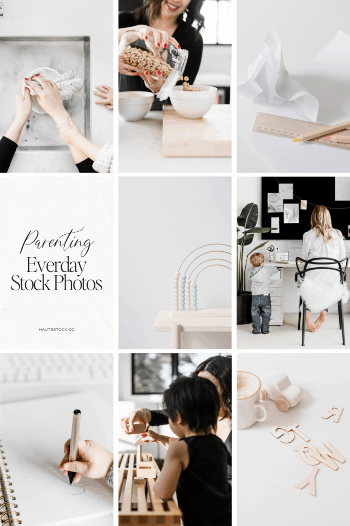 Collage of mompreneurs working from home with kids, laptops, and cozy spaces. Stock images for branding, blogs, and social media content.