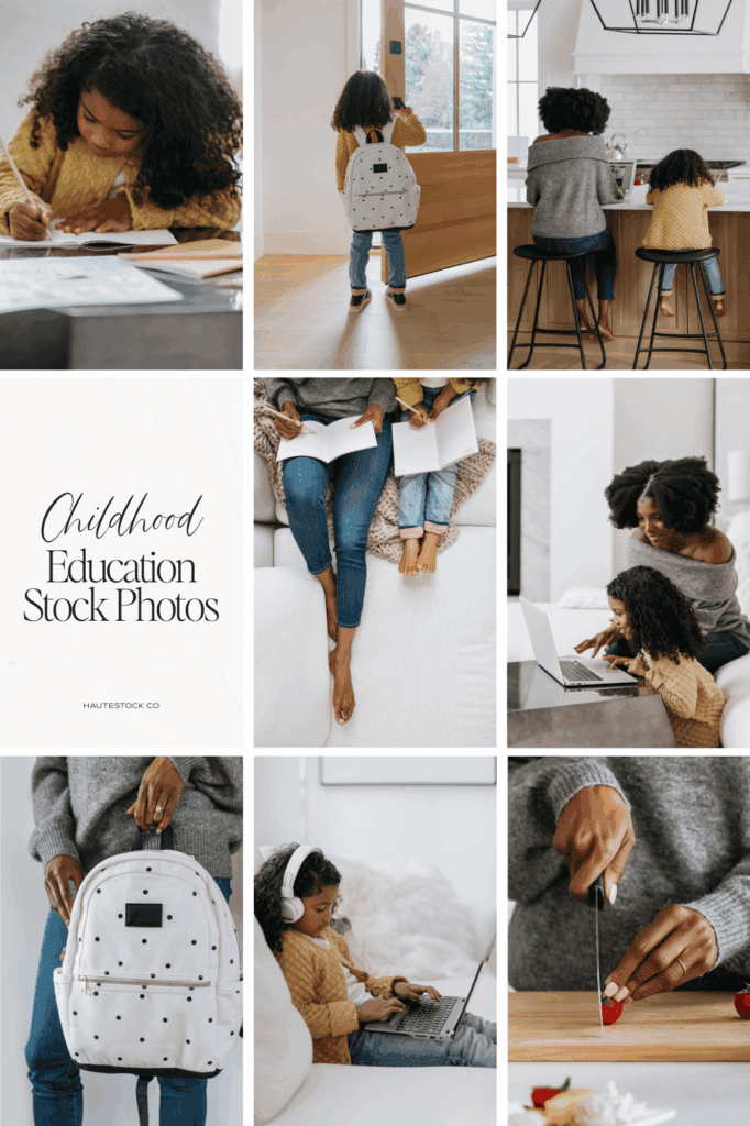 Collage of teaching and parenting stock photos showing kids learning, family interaction, and cozy lifestyle scenes in neutral tones.