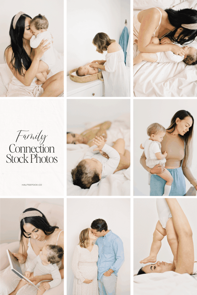 Collage of maternity and motherhood stock photos including pregnancy belly shots, baby snuggles, and calm lifestyle moments in soft tones.