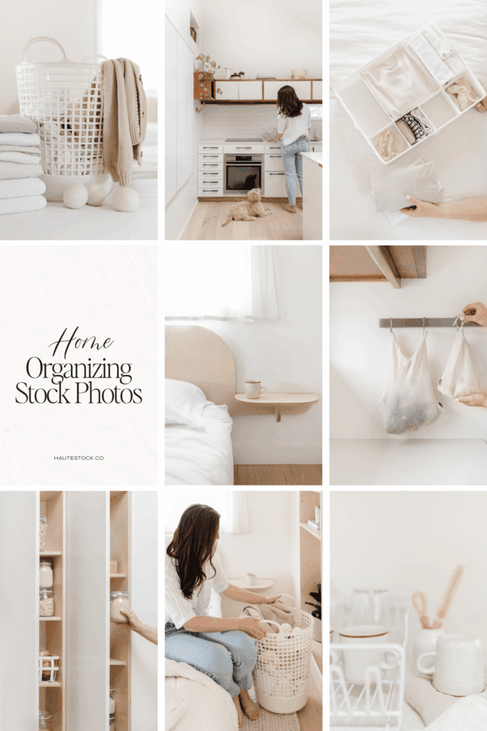 Collage of motherhood and home lifestyle stock images with organized play spaces, clean kitchens, and healthy living routines.