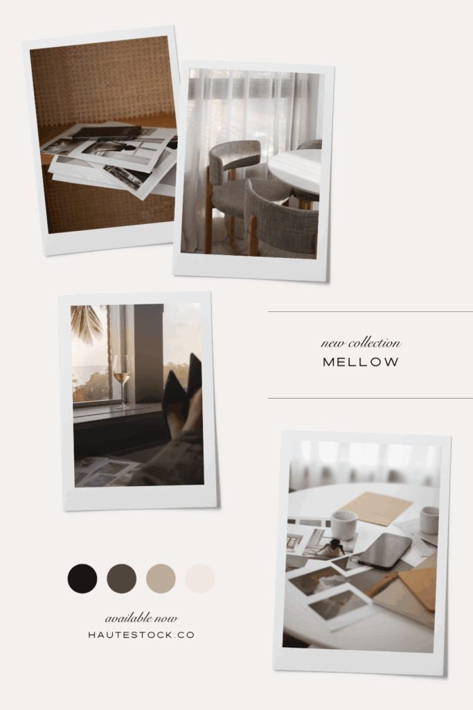 Mellow moodboard featuring modern brand stock images with warm tones, minimal workspace, and wine glass by the window.