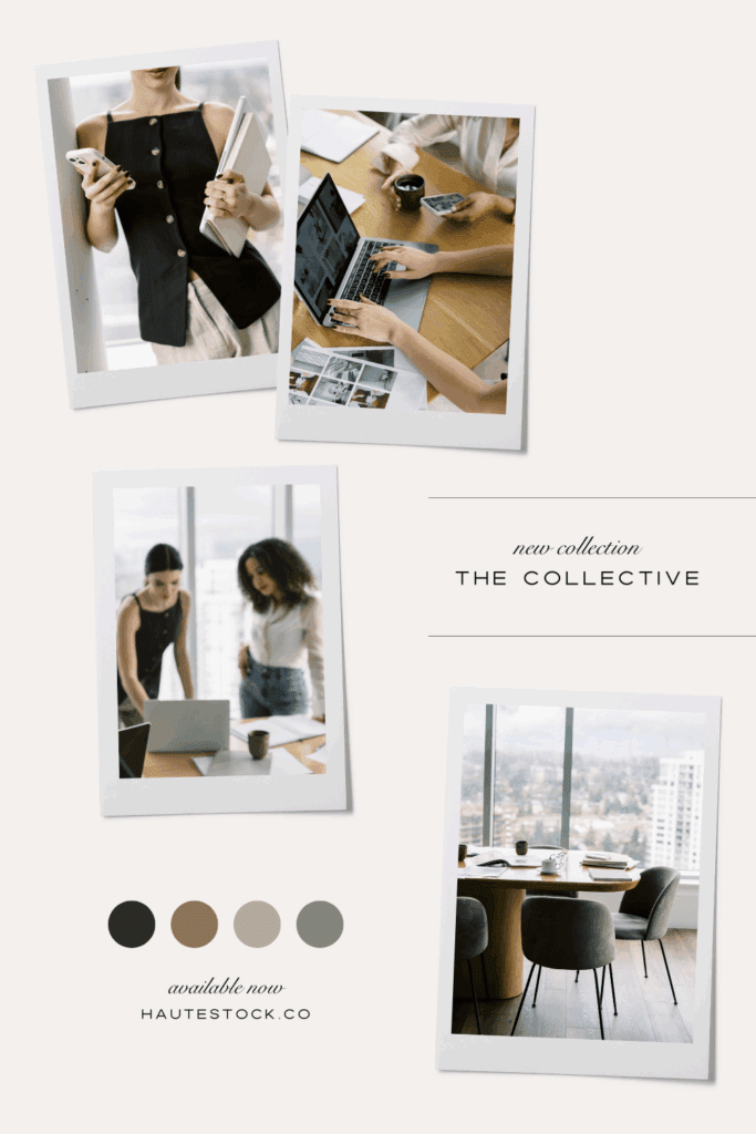 Moodboard of The Collective stock photo collection by Haute Stock featuring neutral colors, women collaborating at a desk, and a modern city-view workspace.