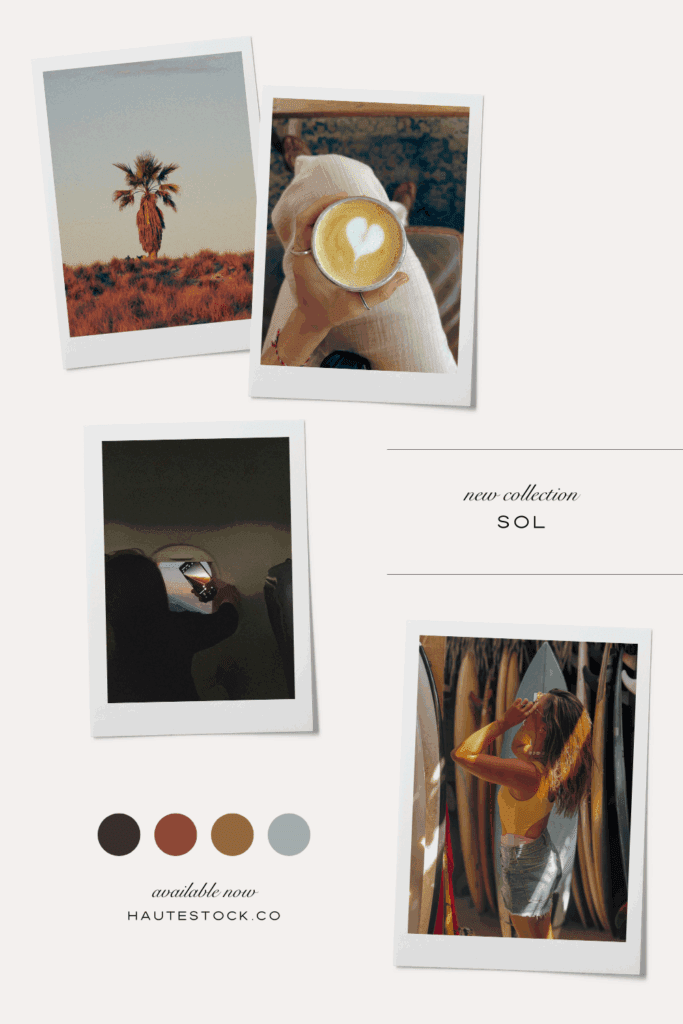 Collage moodboard featuring Sol Summer Stock Photos: palm tree at sunset, latte with heart foam, airplane window view, and surfer girl with boards.