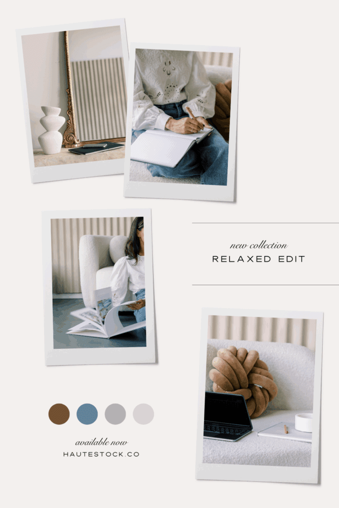 Moodboard for the Relaxed Edit collection showcasing soft, neutral minimalist visuals, cozy textures, and editorial brand photography for creatives.