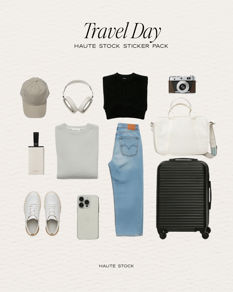 Travel Day essential sticker pack with luggage, clothing, camera, and accessories. Haute Stock cut-outs designed for trendy scrapbook-style Instagram graphics.