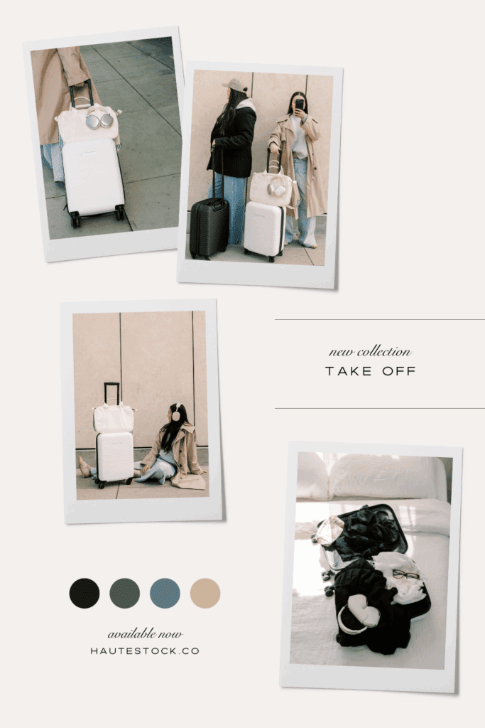 Moodboard for Haute Stock’s Take Off collection featuring stylish travel stock photos with luggage, suitcase flatlays, and neutral color palette in beige, denim blue, and earthy green.