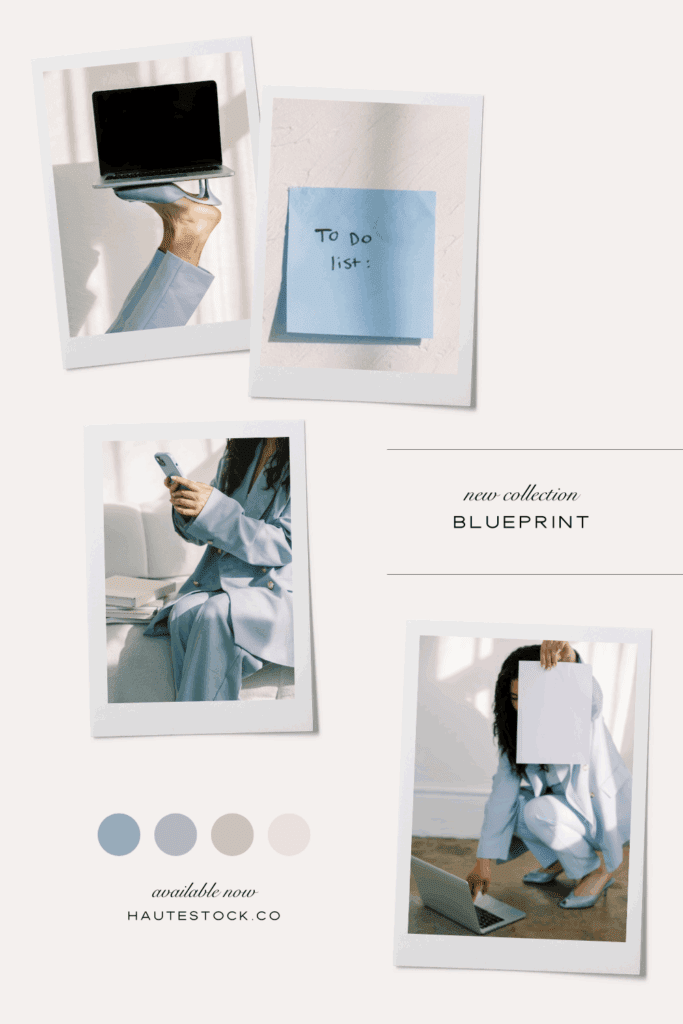 Blueprint stock photo moodboard featuring soft editorial images in pastel tones, workspace details, and lifestyle branding visuals for modern businesses.