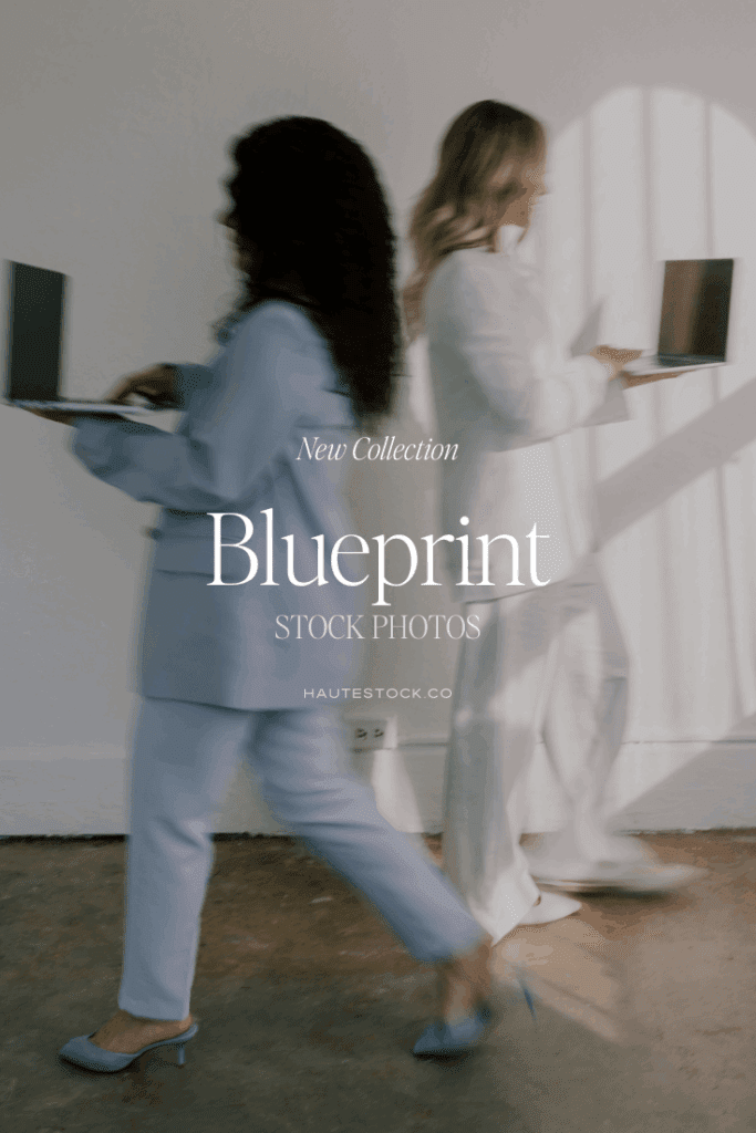 Two women in soft pastel suits working on laptops, a stock image from Blueprint: a new Haute Stock collection of soft editorial stock images for brands