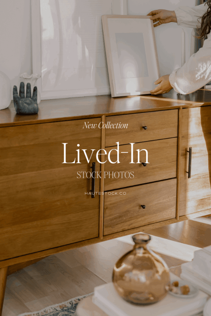 Haute Stock’s Lived-In collection of luxurious interior stock image, featuring Wooden sideboard styled with neutral décor and framed artwork.
