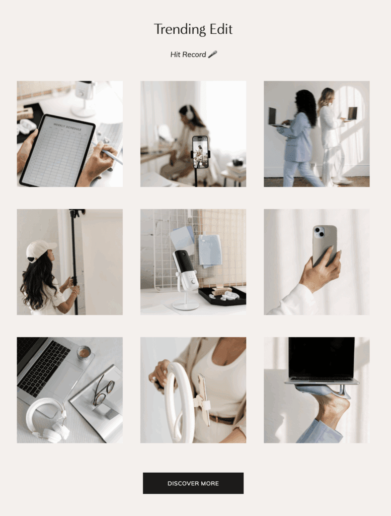 A curated collage of stock photos from Haute Stock’s Hit Record Edit featuring podcasting gear, ring lights, smartphones, and content creators recording in stylish workspaces.